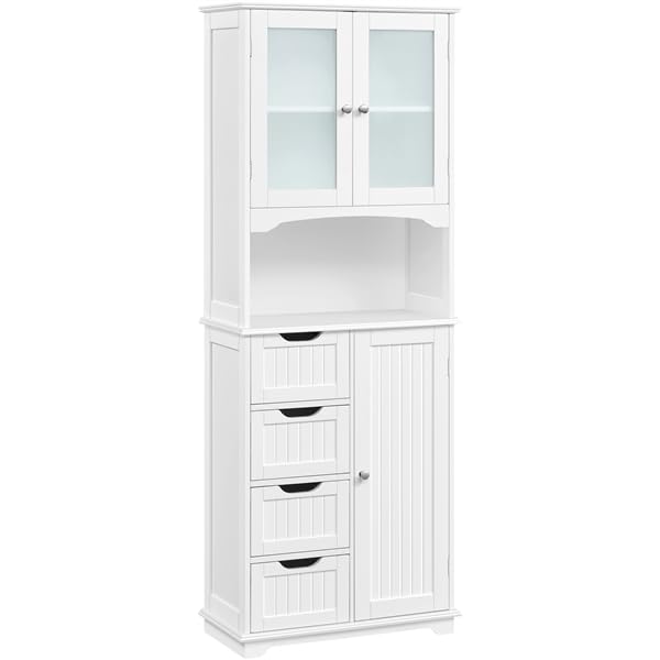 Yaheetech Armadietto da Bagno con 4 Cassetti Armadietto a Terra in Legno con Porte in Vetro Ripiani Regolabili in Altezza ...