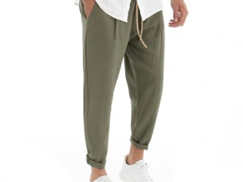 Giosal Pantalone Uomo Lino Elastico a Vita Bassa, Tinta Unita