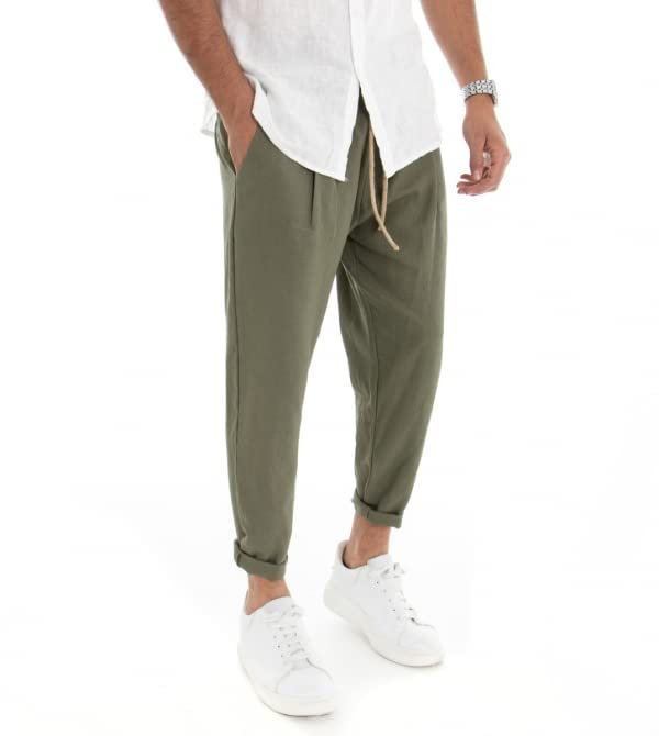 Giosal Pantalone Uomo Lino Elastico a Vita Bassa, Tinta Unita