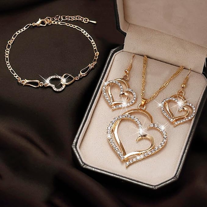 Set 4 gioielli doppio cuore con zircone: collana e orecchini