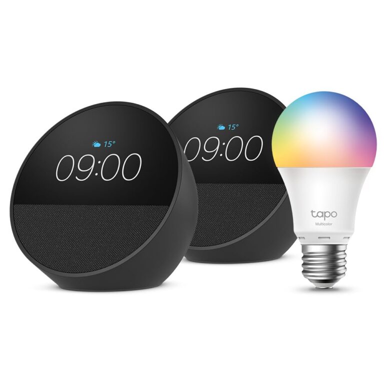 Echo Spot | Nero, 2 pezzi + Tapo L530EA Lampadina LED Smart (E27), Compatibile con Alexa - Kit di base per Casa Intelligente