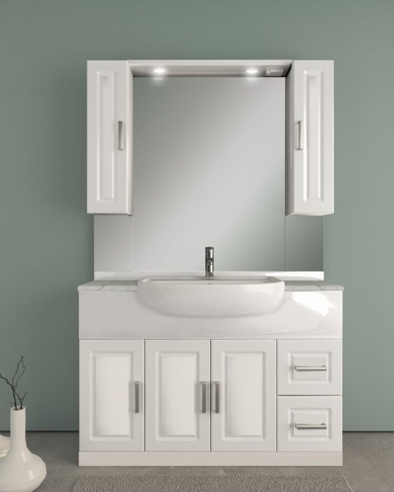 Generico Mobile bagno a terra Claudia bianco lucido cm 120 semincasso con top in marmo naturale, ...