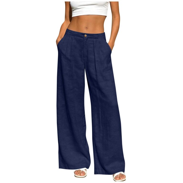 Pantaloni Donna Cotone e Lino a Gamba Larga con Tasche e Vita Elastica