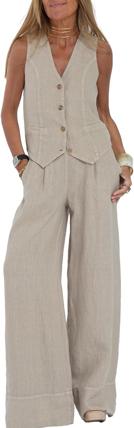 Completo donna 2 pezzi: gilet scollo a V e pantaloni a gamba larga