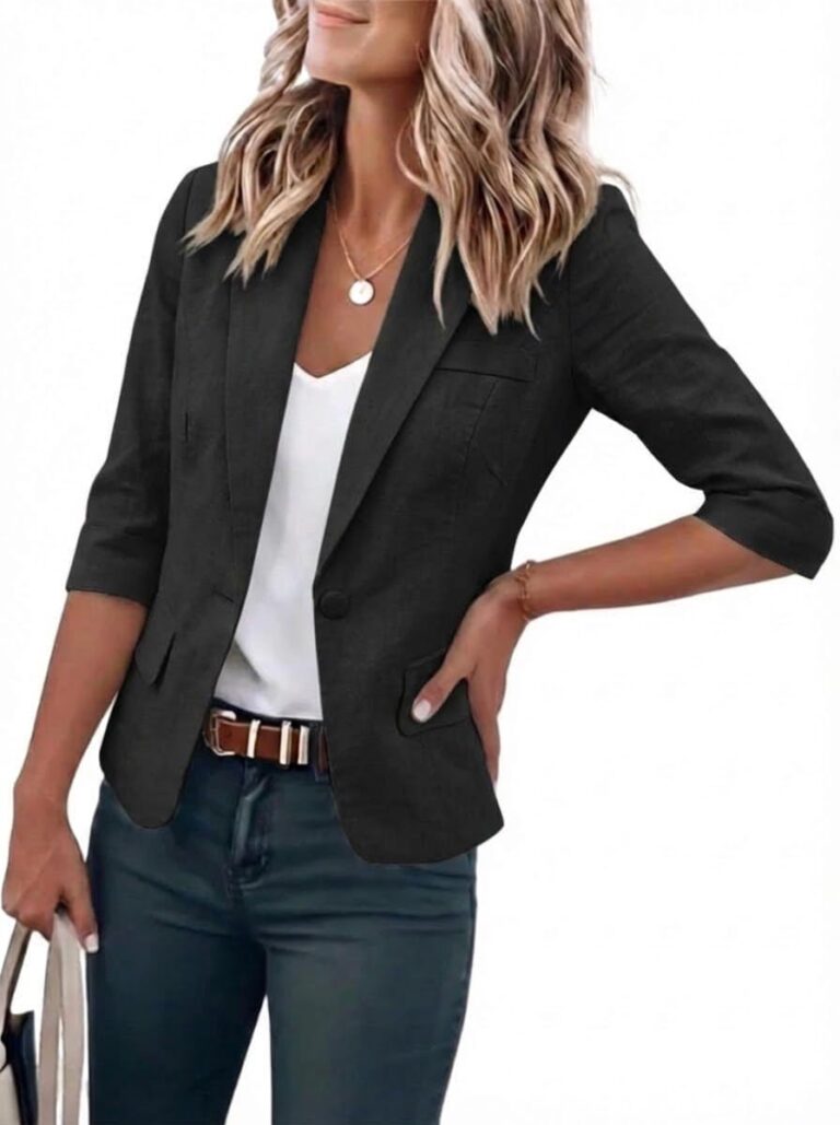 IDEALSANXUN Blazer donna in lino corto con maniche a 3/4