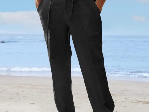 Pantaloni Uomo in Lino con Elastico in Vita, Gamba Dritta Ampia