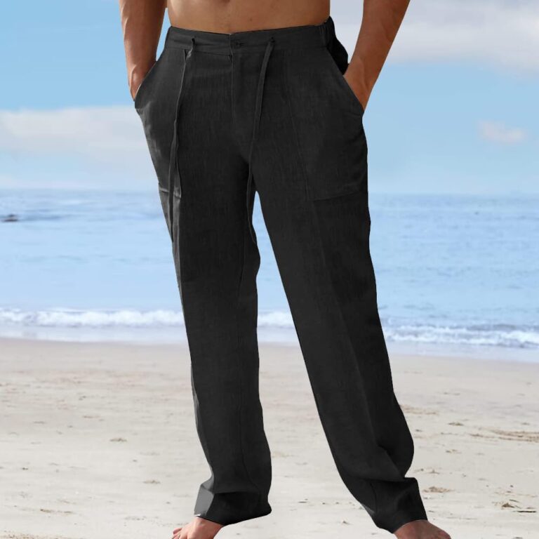 Pantaloni Uomo in Lino con Elastico in Vita, Gamba Dritta Ampia
