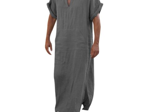 Caftano Uomo Cotone e Lino Slim Fit Collo a V Manica Corta
