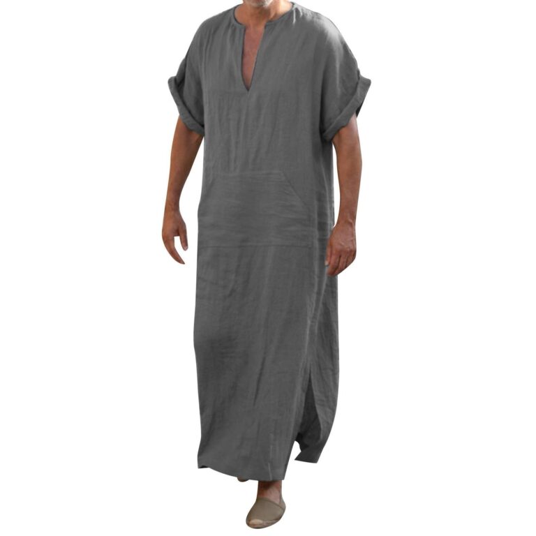 Caftano Uomo Cotone e Lino Slim Fit Collo a V Manica Corta