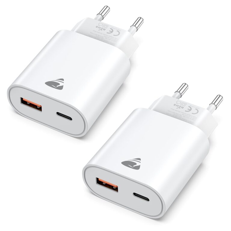 2 Pack Caricatori USB-C 20W Ricarica Rapida per Presa e Auto