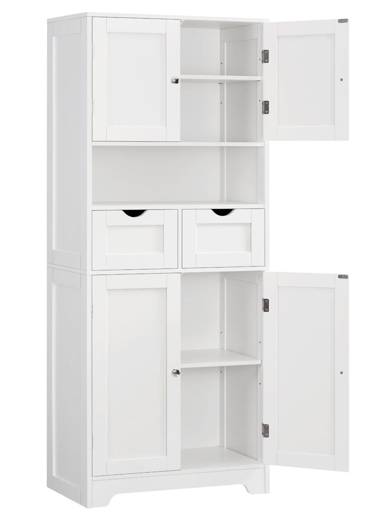 TEENFON Mobile alto da bagno con 2 ripiani aperti, 2 cassetto, credenza multiuso, 60 x 30 x 147 cm, bianco