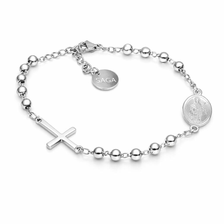 Saga Gioielli Bracciale Rosario in Acciaio con Croce e Medaglia