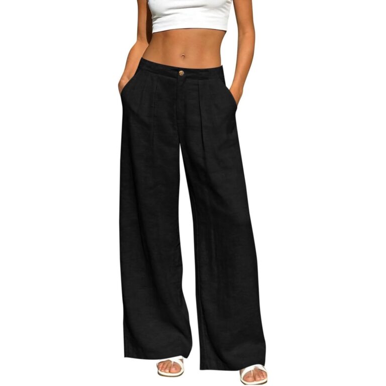 Pantaloni donna in cotone e lino a gamba larga con tasche