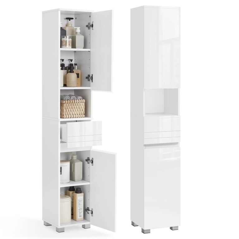 VASAGLE Mobile da Bagno, Mobiletto Portaoggetti, Alto, con Cassetto, Ripiani Regolabili, Scomparti, 30 x 30 x 170 cm, Bian...