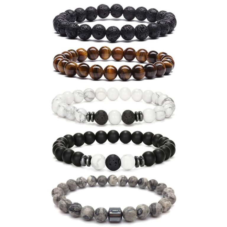 HTTDSLF Set 5 Bracciali in Pietre Naturali – Occhio di Tigre, Lavica e Ossidiana