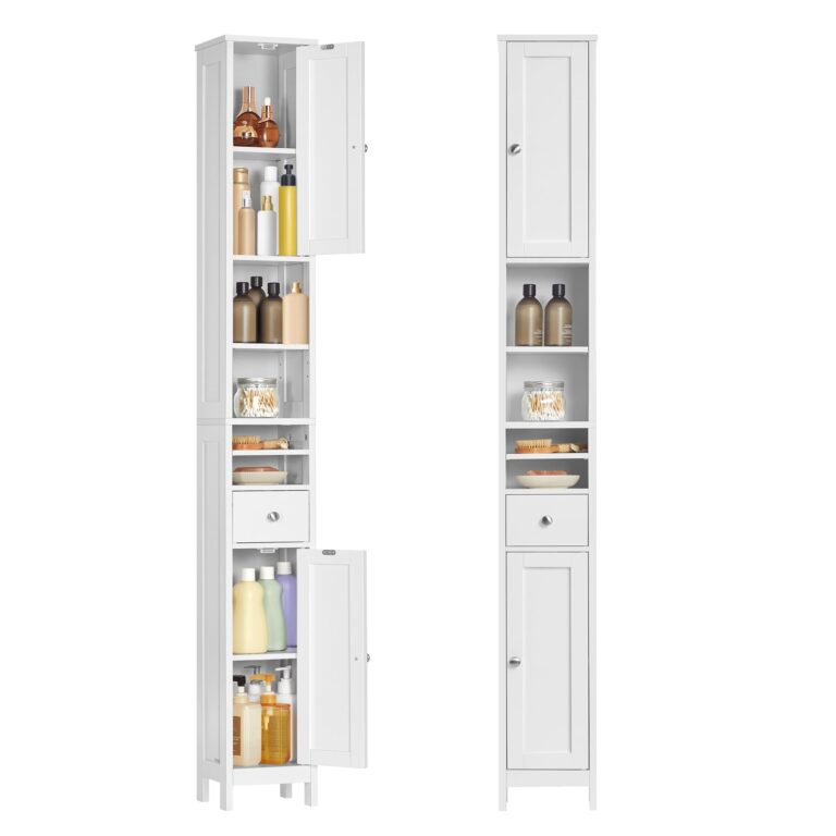 VASAGLE Armadio da Bagno Alto, Mobiletto da Bagno Stretto, con Ripiani Regolabili, Cassetto, Scomparti Aperti, per Piccoli...