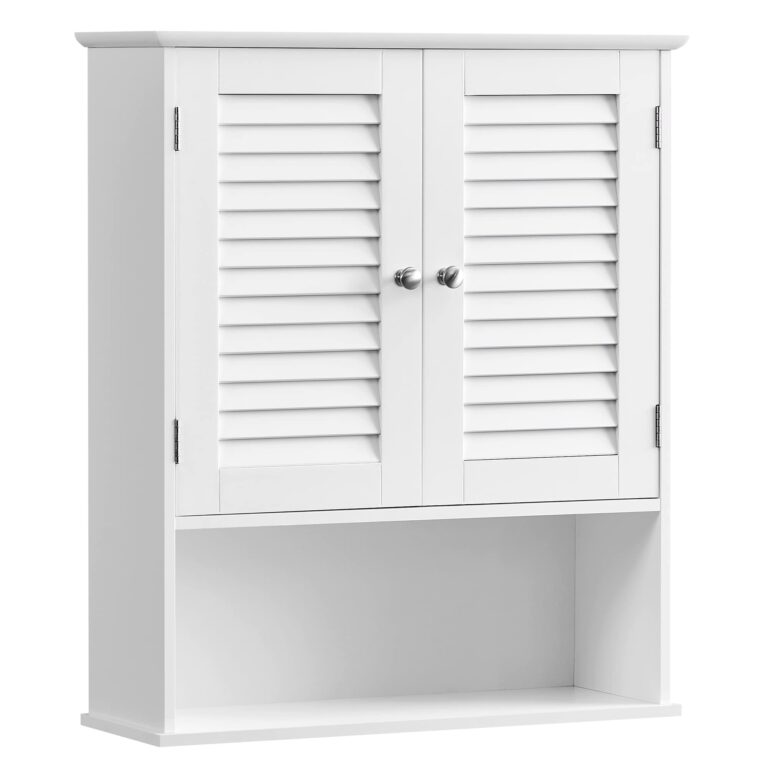 VASAGLE Armadietto da Muro, Mobiletto per Bagno da Parete, Mobile da Bagno con Ripiano Regolabile, 2 Ante a Persiana e Sco...
