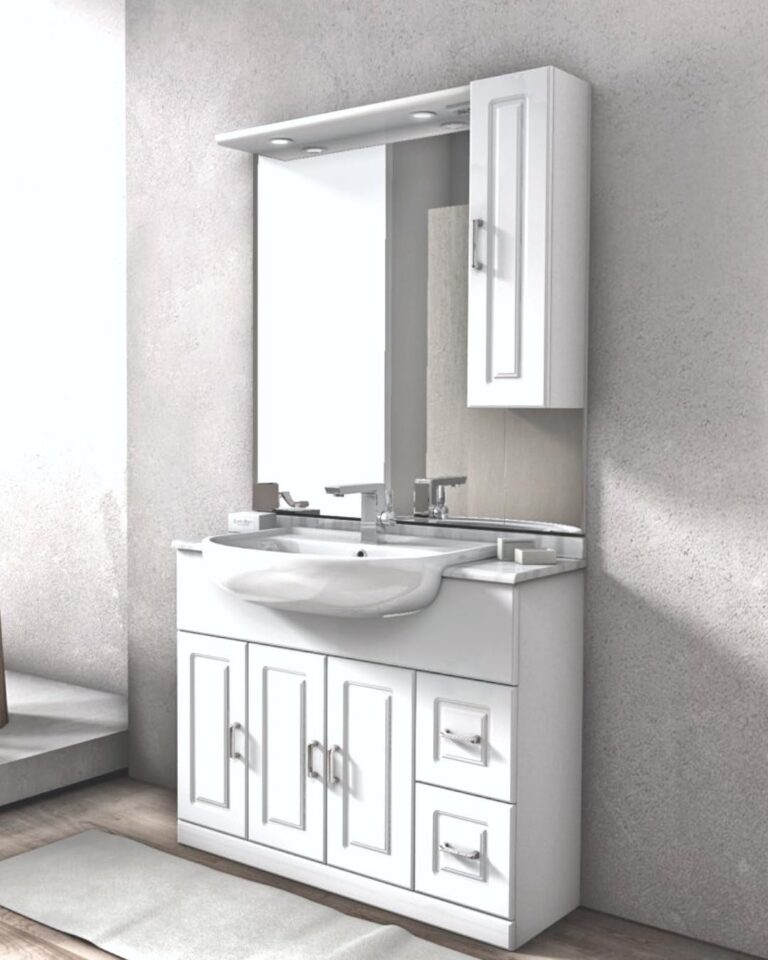 Generico Mobile bagno a terra Claudia bianco lucido cm 100 semincasso con top in marmo naturale, ...