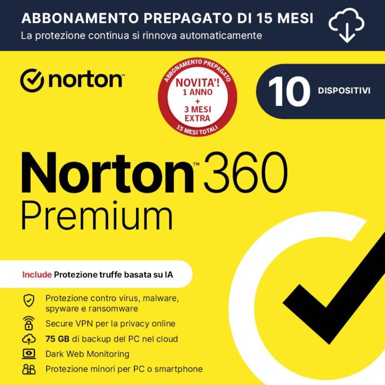 Norton 360 Premium 2026 – Antivirus 10 dispositivi, 15 mesi