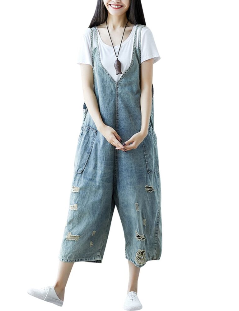 Youlee Salopette donna in denim a gamba larga