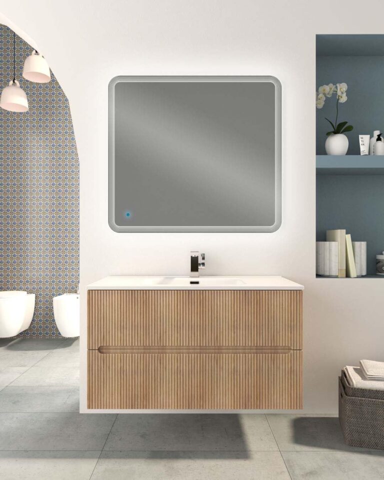 Generico Mobile bagno sospeso 100 cm frontali plissé e lavabo in ceramica (Rovere Naturale)