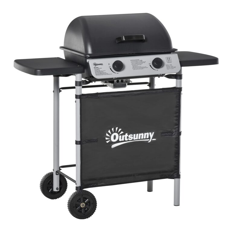 Outsunny Barbecue a Gas con Coperchio e 2 Bruciatori Totali da 5.6kW, BBQ in Acciaio con Ruote e Mensole, 104x49x99cm Nero