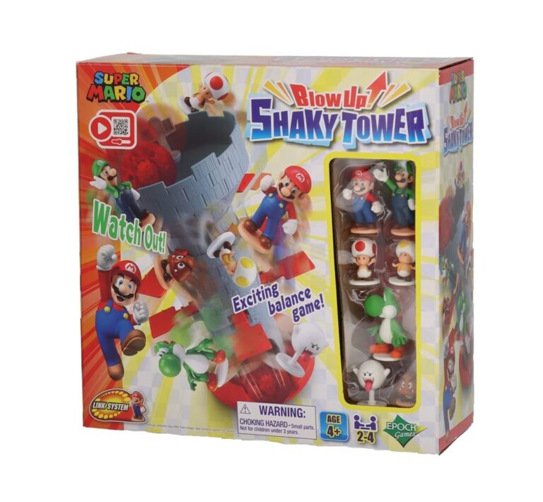 EPOCH Games - Super Mario - Blow Up Shaky Tower, Gioco di Abilità e Equilibrio con 7 Personaggi Mario Bros – Modello 7356