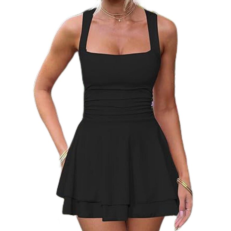 Vestito corto elegante con scollo quadrato e gonna plissettata