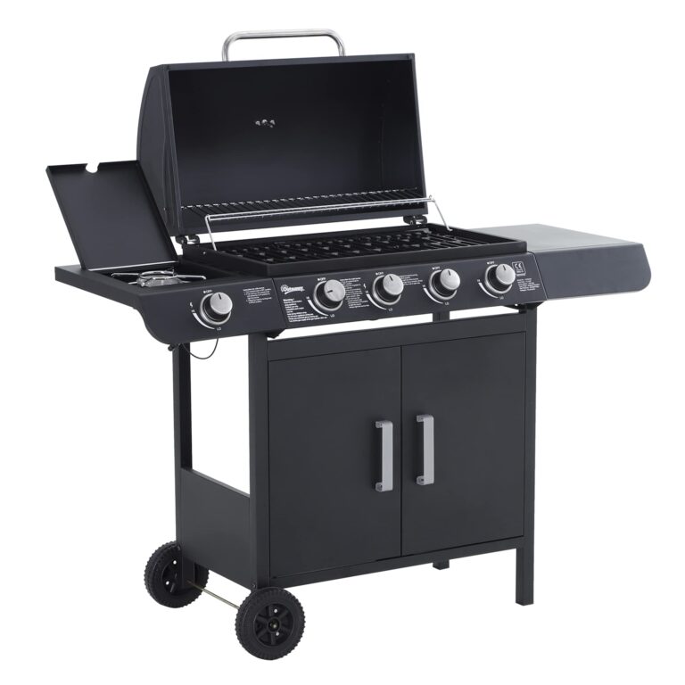 Outsunny Barbecue a Gas a 5 Fornelli con Ripiani Laterali e Armadietto Inferiore con Anta, Barbecue da Giardino a Rotelle ...