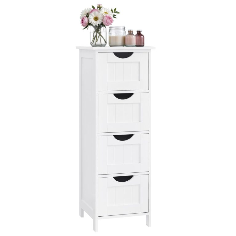 VASAGLE Mobile da Bagno, Cassettiera, Armadio Autoportante, con 4 Cassetti, 30 x 30 x 82 cm, per Bagno, Soggiorno, Sala da...