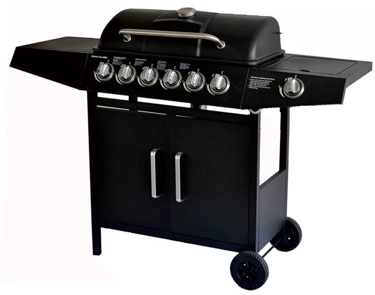 Barbecue 6+1 a gas, con vassoio raccogli olio, tavoli laterali, coperchio e ruote, per giardino, terrazza, campeggio