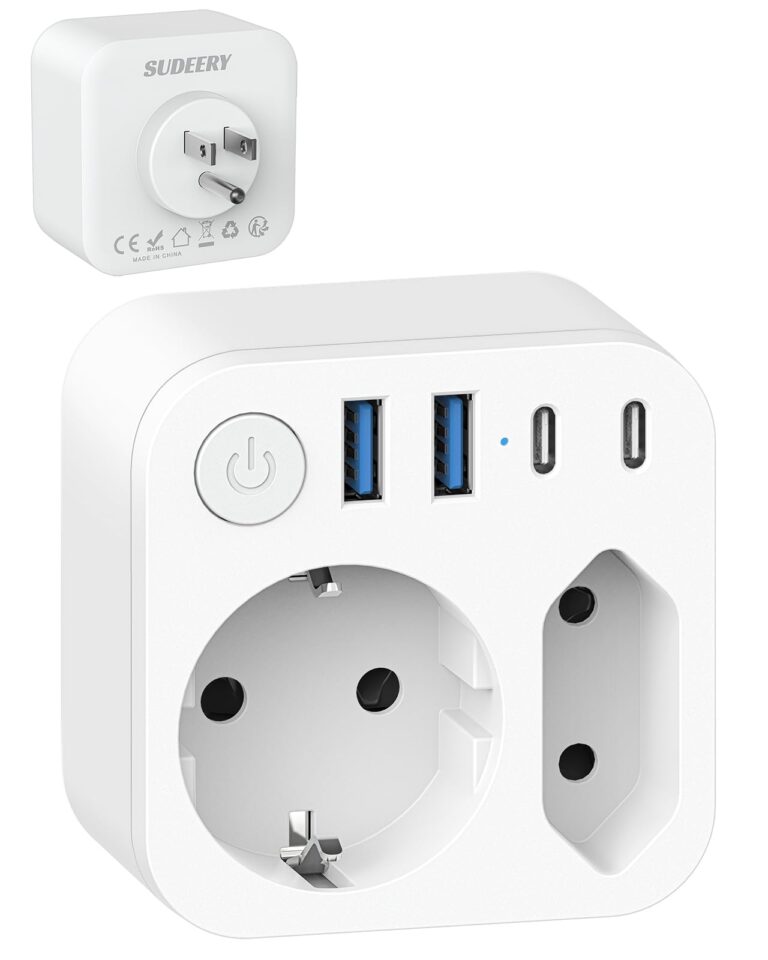Adattatore da viaggio EU/USA con 4 USB (2 Type-C) e interruttore