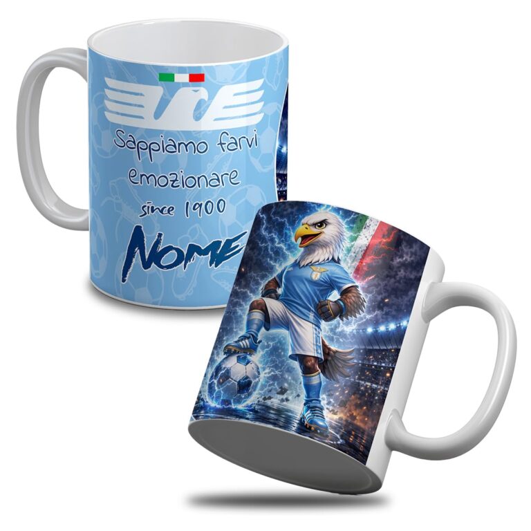 quickgadget Tazza in Ceramica Tifoso Lazio Biancoceleste con Mascot Aquila Calcio, Personalizzabi...