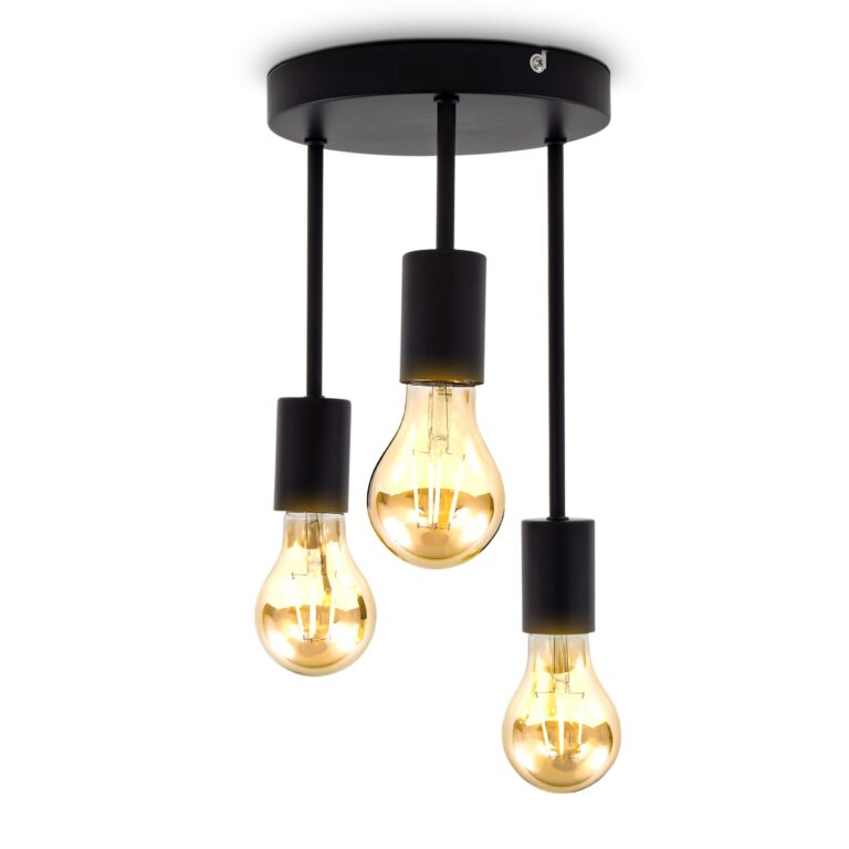B.K.Licht I Plafoniera Retro 3 prese E27 I Nero Opaco I Metallo I Ø19 x 31 cm I Consegnato Senza Lampadine