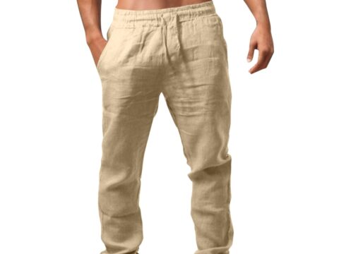 Pantaloni Lino Uomo Estivi Larghi con Elastico e Tasche