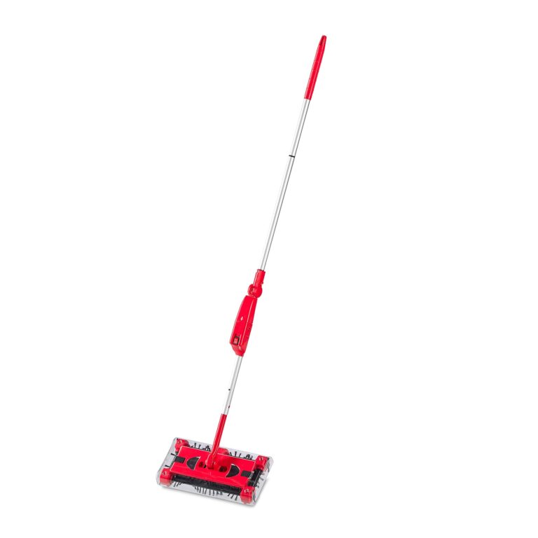 Relaxdays Scopa Elettrica a Batteria con Caricatore, Testa Snodata Accessorio Facile da Usare, Regolabile, Rosso Argento