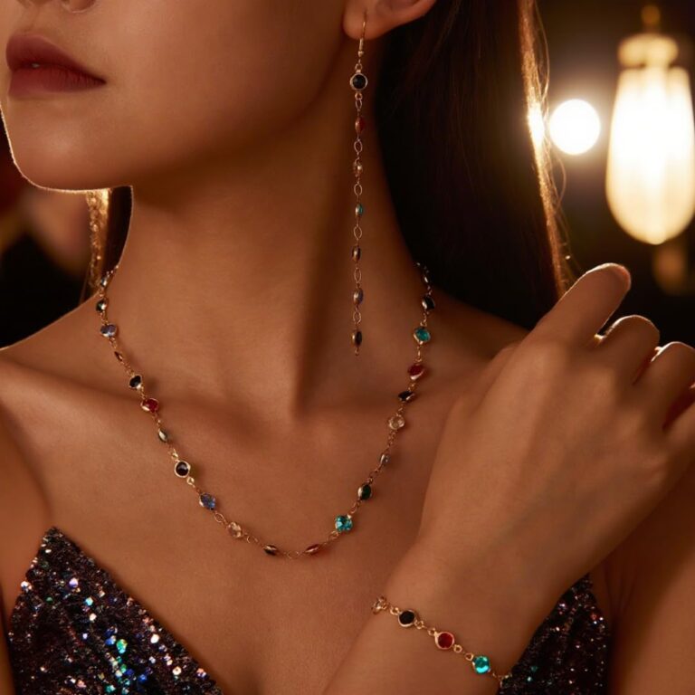 Set gioielli donna con cristalli colorati placcati oro: collana, orecchini, bracciale