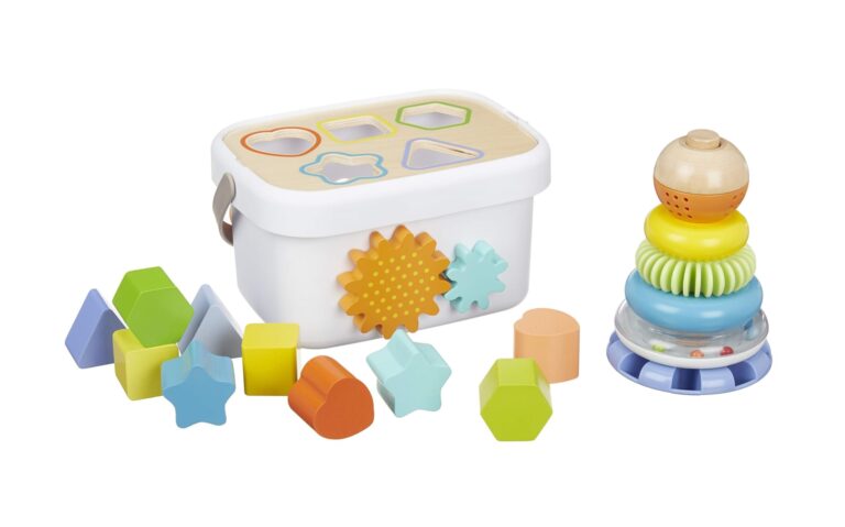 Amazon Basics Bebè Set di giocattoli classici in legno con scatola delle forme e torre con anelli...