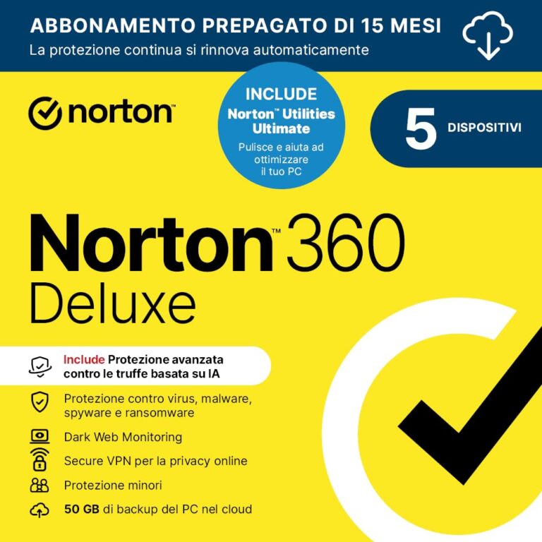 Norton 360 Deluxe 2026 + Utilities Ultimate – 5 Dispositivi, 15 Mesi