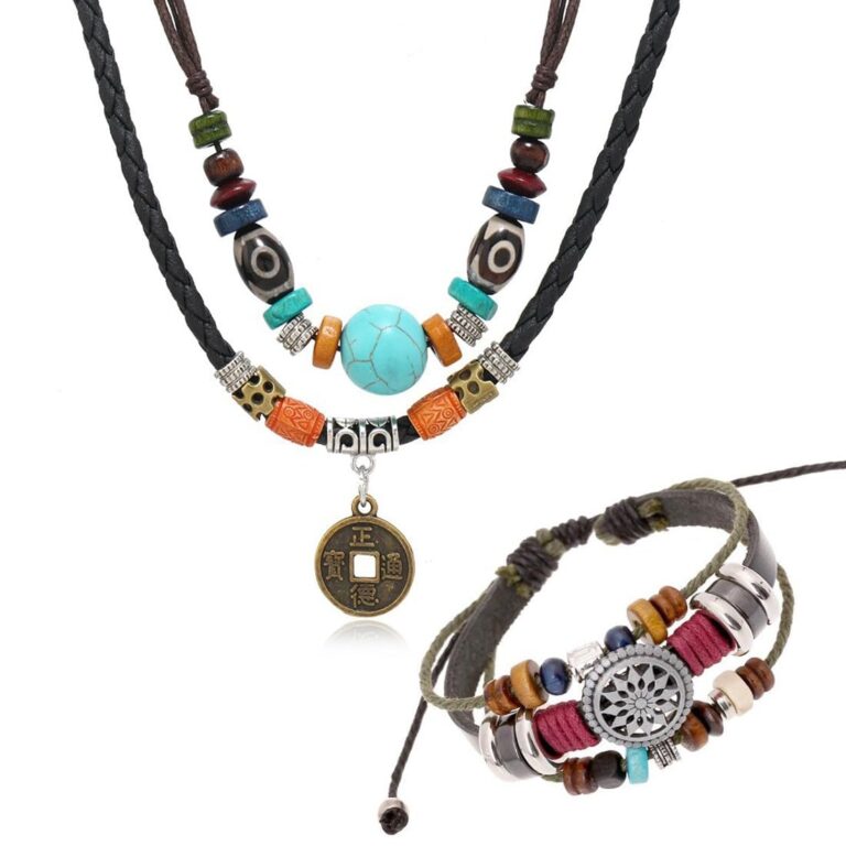 JEYORZY Set Boho 2 Pezzi: Bracciale Pelle e Collana Etnica