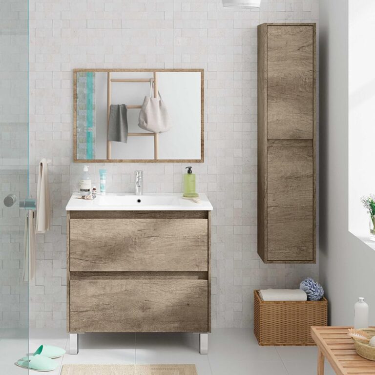 Inbagno Mobile Bagno da Terra 80 cm, 2 cassetti Serie Oasi, Colore Rovere con venatura Naturale, Completo di lavabo in Cer...
