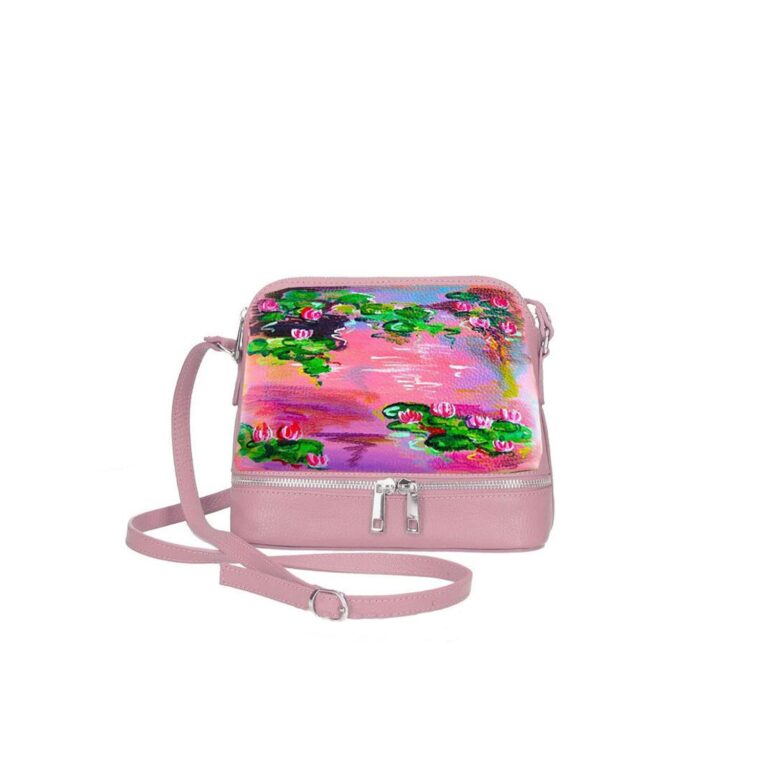 Borsa in Pelle Dipinta a Mano – LE NINFEE ROSA DI MONET – a Spalla, a Tracolla, Borsetta, Tracoll...
