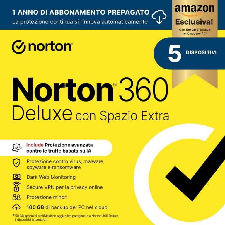 Norton 360 Deluxe 2026 – 5 Dispositivi + 50 GB Cloud Backup Extra (Esclusiva Amazon)