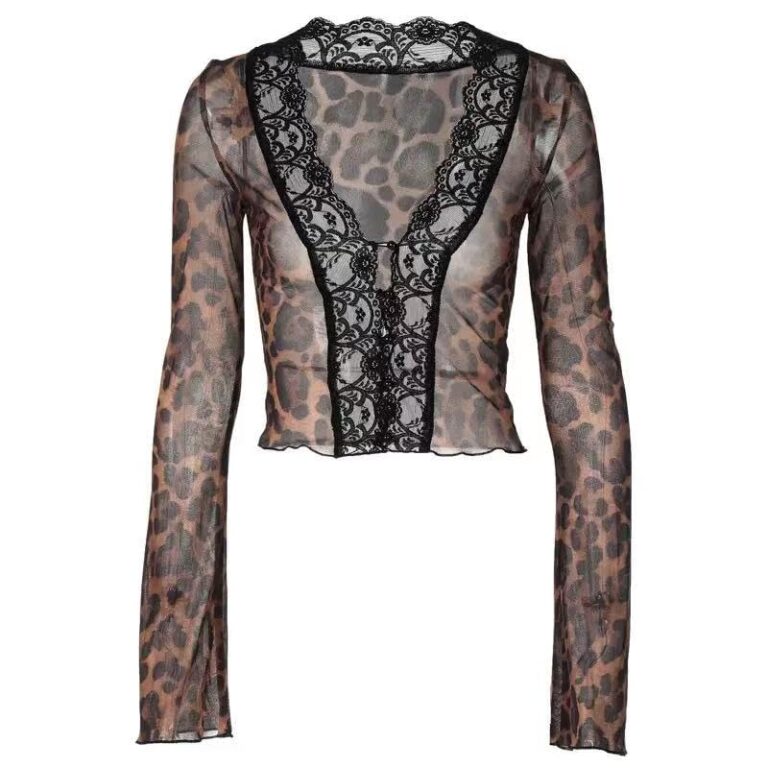 Top donna in rete leopardato trasparente con bordo in pizzo