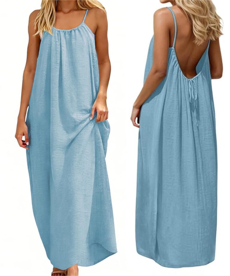 ABINGOO Vestito Estivo Lungo in Lino Senza Maniche Maxi
