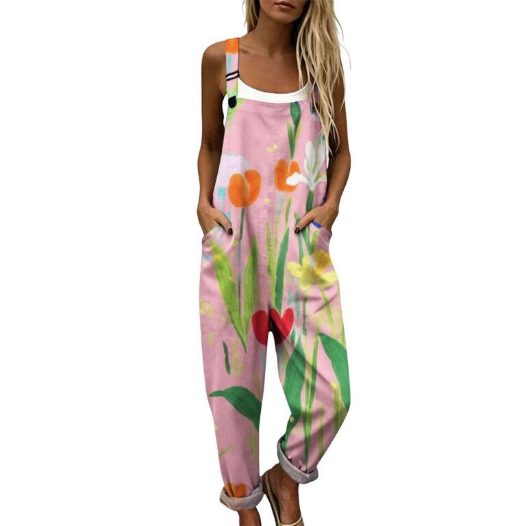 Salopette estiva donna in lino boho chic con stampa, gamba larga