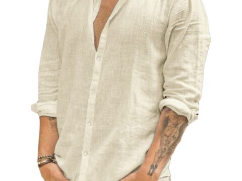 Runcati Camicia Uomo in Lino a Maniche Lunghe con Colletto Aperto
