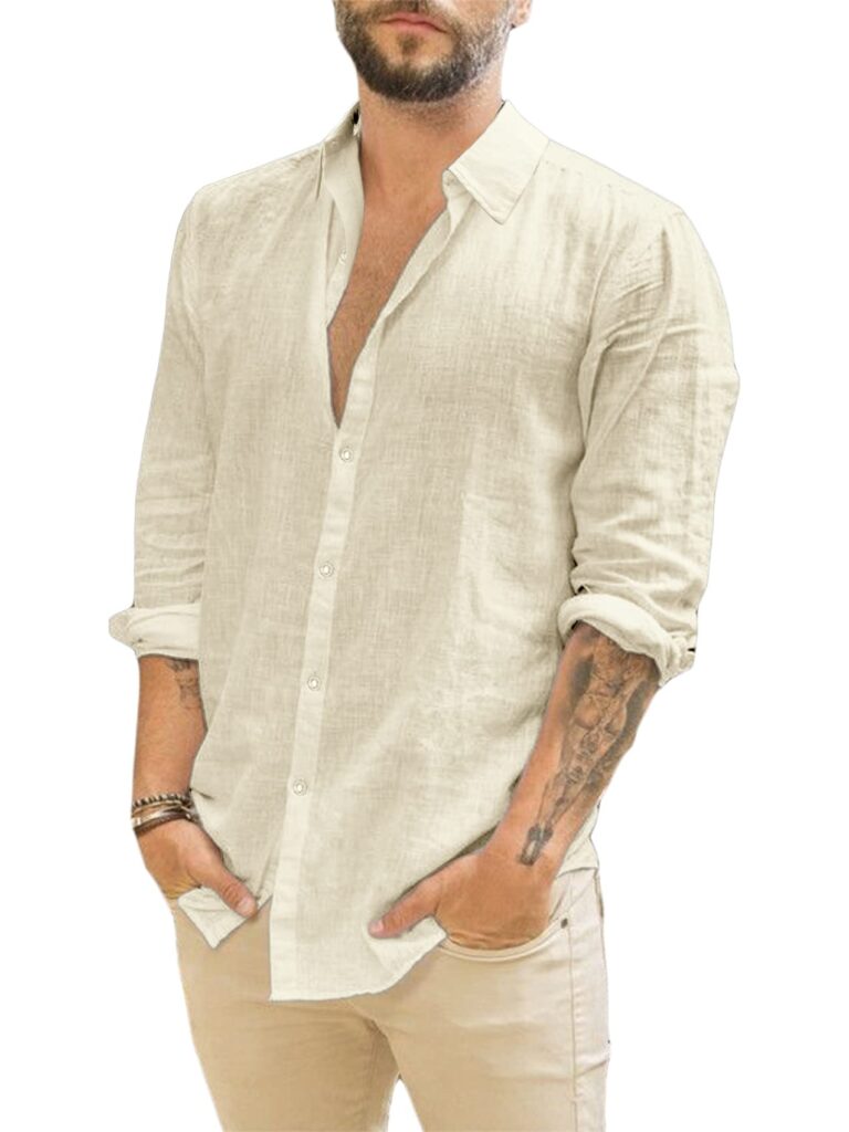 Runcati Camicia Uomo in Lino a Maniche Lunghe con Colletto Aperto