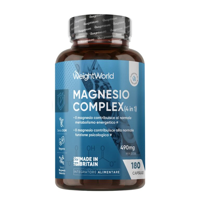 Magnesio Completo Vegano 490mg, 180 Capsule, Magnesium Complex 4 in 1 con Bisglicinato e Citrato, Il Magnesio Contribuisce...