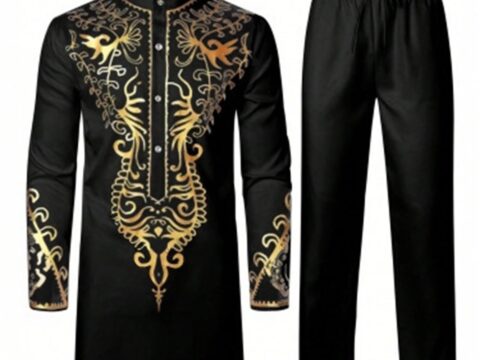 Completo Uomo Stile Africano Giacca e Pantaloni Oro per Cerimonie